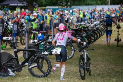 Transition Area 1 at the DATEV Challenge Roth with triathletes