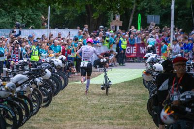 Transition Area 1 at the DATEV Challenge Roth with triathletes