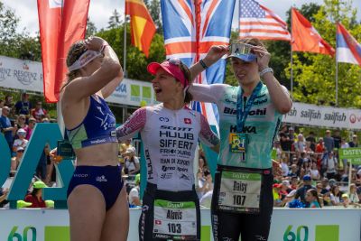 Athletes at the finish line of the 2026 DATEV Challenge Roth