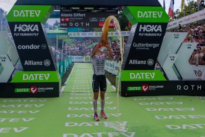 Athletes at the finish line of the 2026 DATEV Challenge Roth