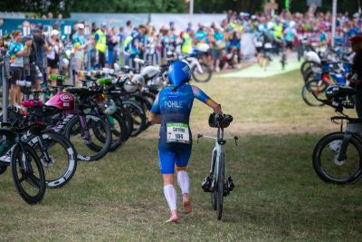 Transition Area 1 at the DATEV Challenge Roth with triathletes