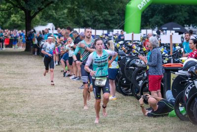 Transition Area 1 at the DATEV Challenge Roth with triathletes