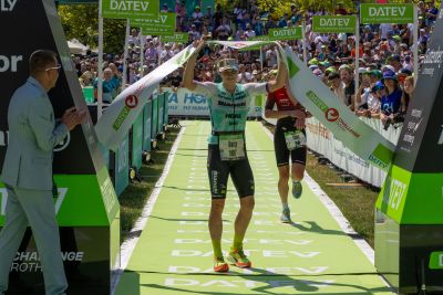 Athletes at the finish line of the 2026 DATEV Challenge Roth