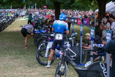 Transition Area 1 at the DATEV Challenge Roth with triathletes