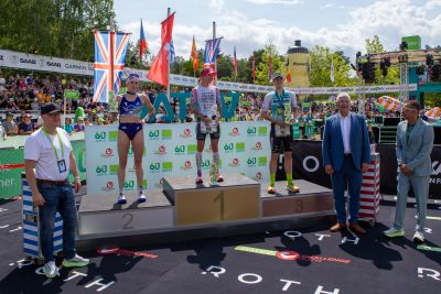Athletes at the finish line of the 2026 DATEV Challenge Roth