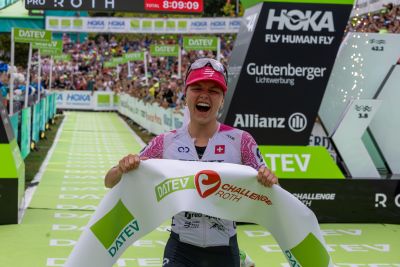 Athletes at the finish line of the 2026 DATEV Challenge Roth