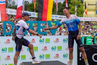 Athletes at the finish line of the 2026 DATEV Challenge Roth