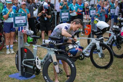 Transition Area 1 at the DATEV Challenge Roth with triathletes
