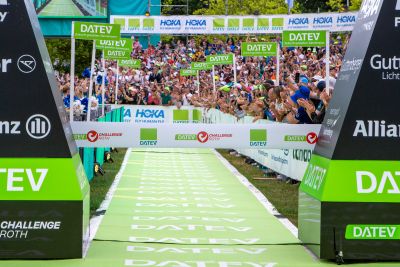 Athletes at the finish line of the 2026 DATEV Challenge Roth