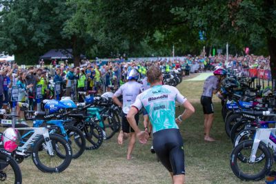 Transition Area 1 at the DATEV Challenge Roth with triathletes