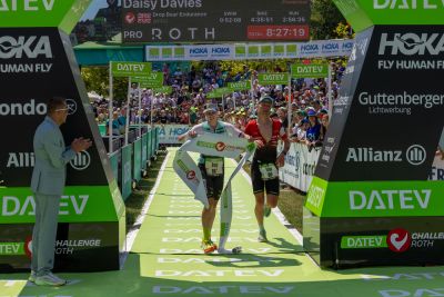 Athletes at the finish line of the 2026 DATEV Challenge Roth