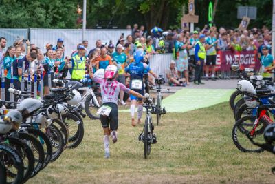 Transition Area 1 at the DATEV Challenge Roth with triathletes