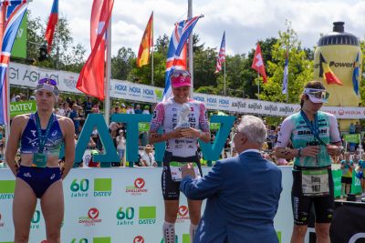 Athletes at the finish line of the 2026 DATEV Challenge Roth