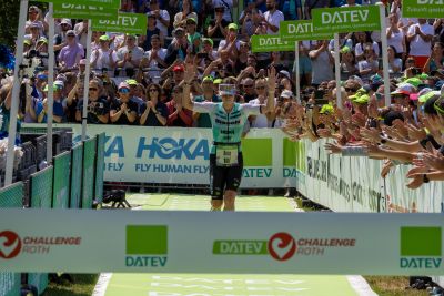 Athletes at the finish line of the 2026 DATEV Challenge Roth