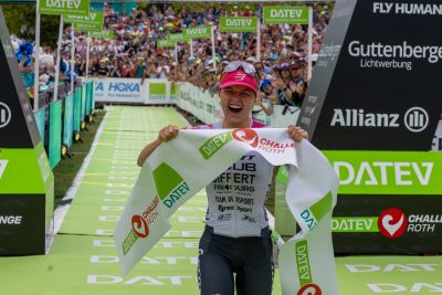Athletes at the finish line of the 2026 DATEV Challenge Roth