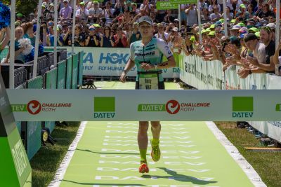 Athletes at the finish line of the 2026 DATEV Challenge Roth